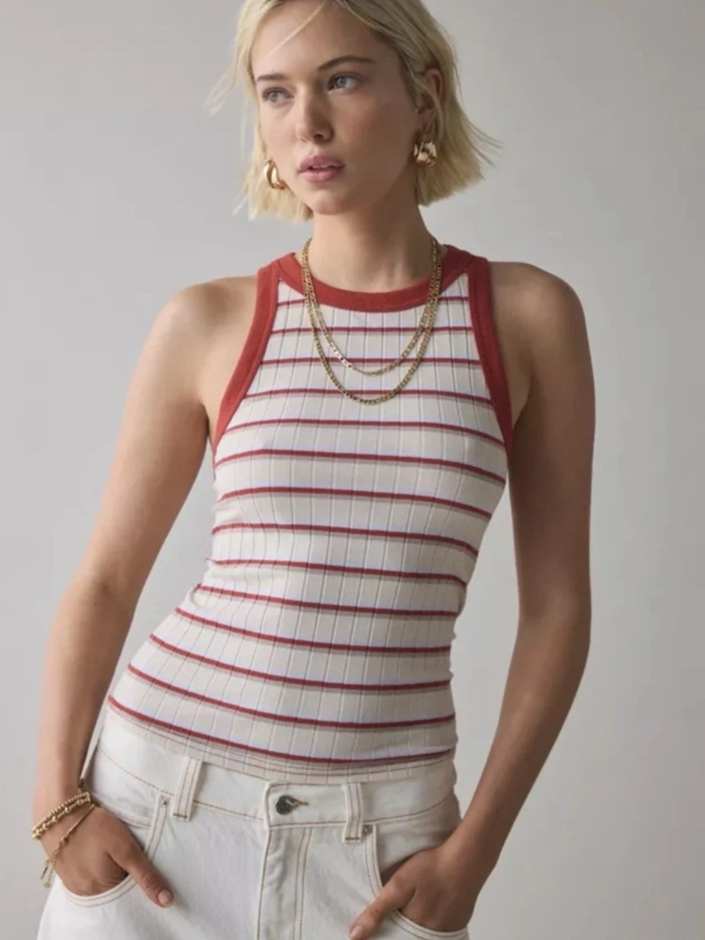 NWOT BDG Y2K Ribbed Stripe Tank Top - Cream with Rust Trim Medium